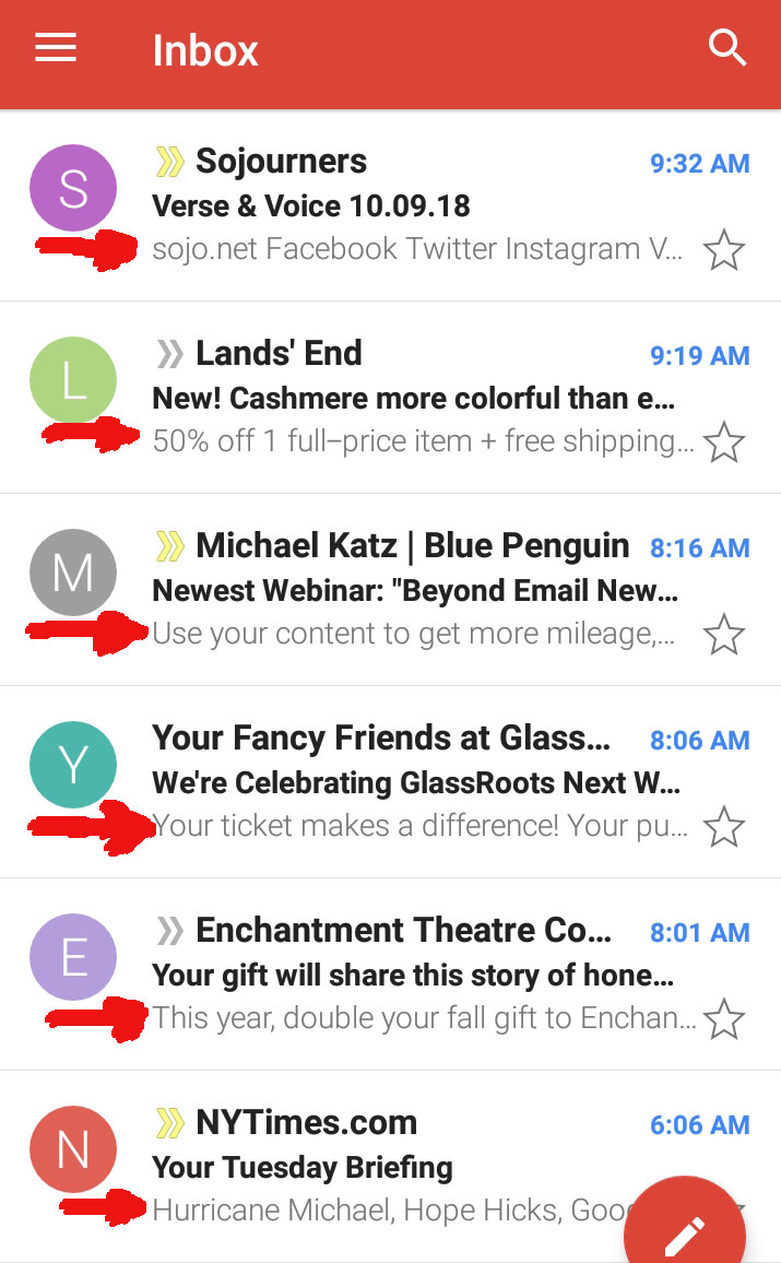 Screenshot of email inbox with preheader text highlighted