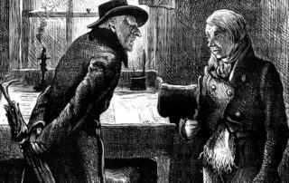 Old etching of Ebenezer Scrooge with Bob Crachit