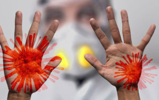 Photo of outstretched hands with abstract rendering of a virus molecule superimposed